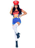 Weibliche Mario aus Super Mario Bros, Kostüm mit Top und Shorts, kurze Ärmel, Tasten, Hosenträger, Schnurrbart